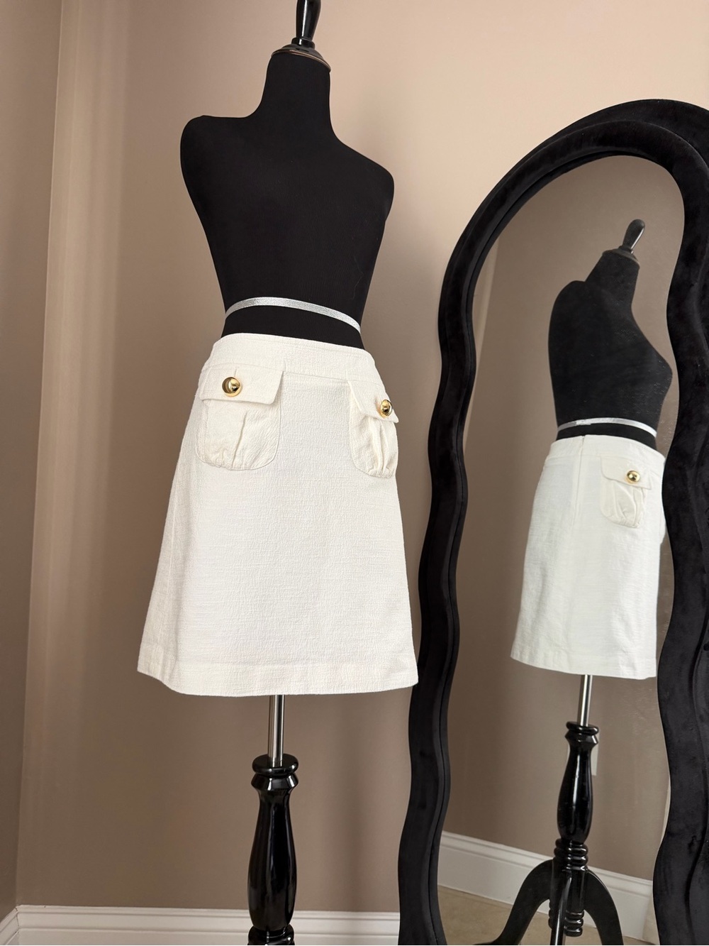 Milly Women White Cotton Twill A-Line Mini Skirt Lined Zip Button Pockets 4